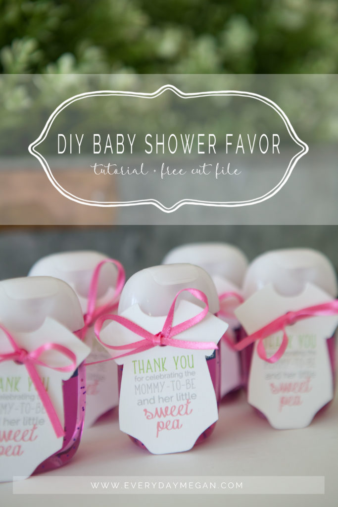 Make these DIY Baby Shower Favors! Tutorial and free SVG cut file for use with a Silhouette Machine to print and cut the design. Attach with ribbon to a Bath & Body Works Sweet Pea hand sanitizer!