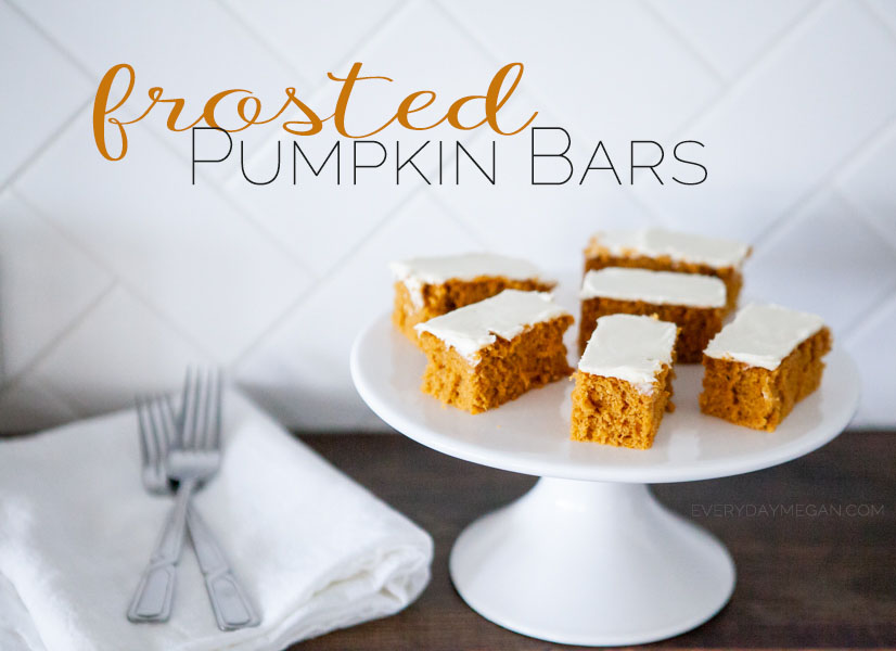 The best pumpkin bars recipe ever! This recipe makes a bunch, is a definite crowd pleaser and perfect for Holiday potlucks or large family gatherings. #pumpkinspice #pumpkinrecipe