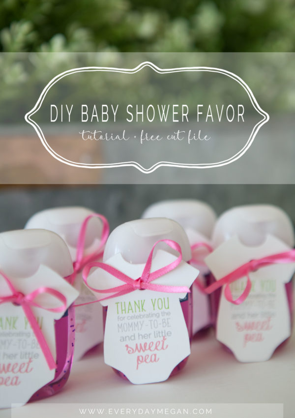 Make these DIY Baby Shower Favors! Tutorial and free SVG cut file for use with a Silhouette Machine to print and cut the design. Attach with ribbon to a Bath & Body Works Sweet Pea hand sanitizer!