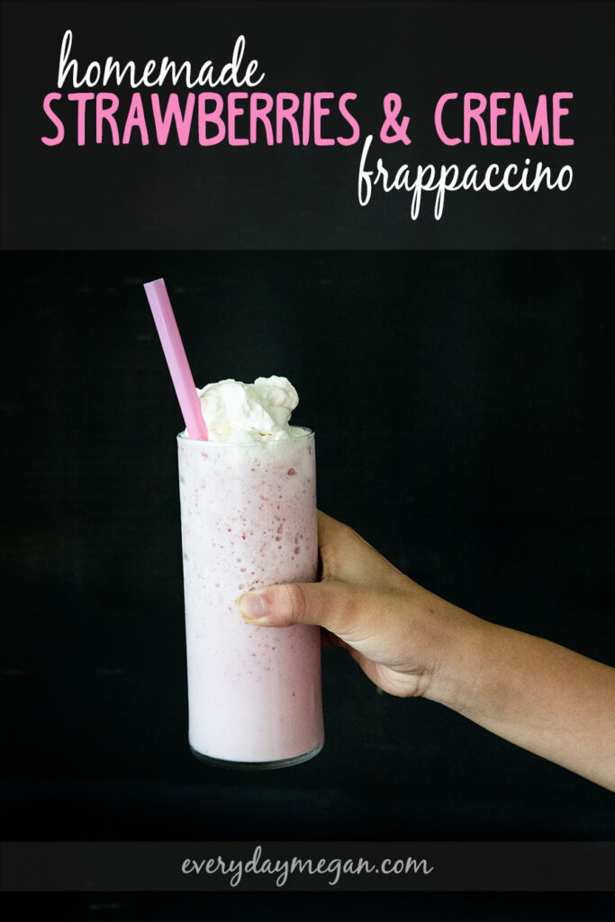 Make a Strawberries and Creme Frappaccino at home with simple ingredients. Sweet, creamy and oh so good, perfect for a summer treat!